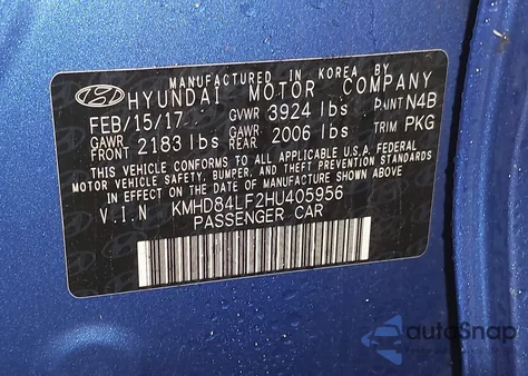 2017 Hyundai Elantra Se из США, поврежденный, VIN KMHD84LF2HU405956